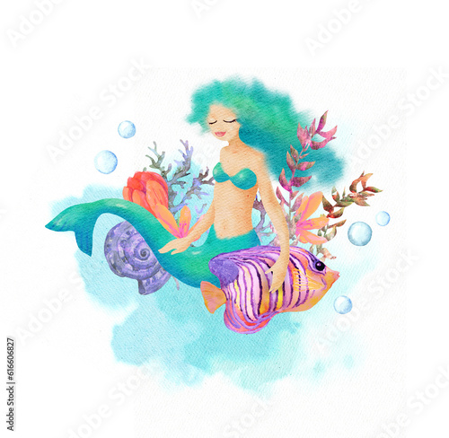Cute mermaid with fish in corals  seaweeds  flowers  seashells design. Watercolor sea hand painted artistic card. Magic underwater world with beautiful magical woman artist illustration