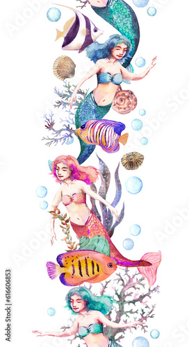Watercolor mermaid girls in sea vertical seamless border. Seashells  corals  seaweeds  fishes and marine women repeated frame strip. Fantasy underwater card design