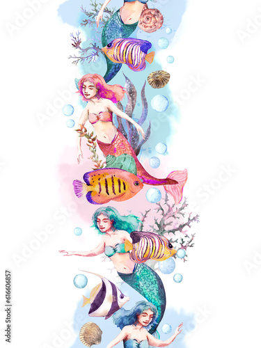 Mermaid girls sea seamless border. Sea shells, ocean corals, marine seaweeds, undersea fishes. Watercolor repeated frame strip. Beautiful underwater world card design