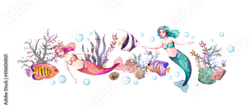 Mermaids in sea with shells, corals, seaweeds, fishes. Watercolor. Beautiful underwater world card design