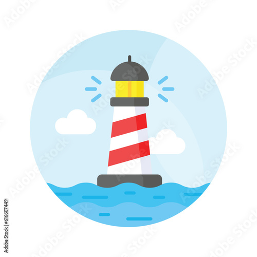 A tower containing a beacon light to warn or guide ships at sea, well designed icon of lighthouse