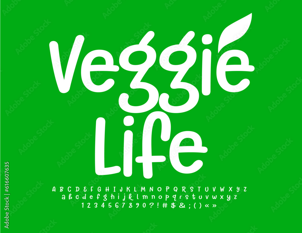 Vector creative sign Veggie Life with decorative Leaf. Simple White Font. Handwritten set of Alphabet Letters, Numbers and Symbols Vector creative sign Veggie Life with decorative Leaf. Simple White Font. Handwritten set of Alphabet Letters, Numbers and Symbols