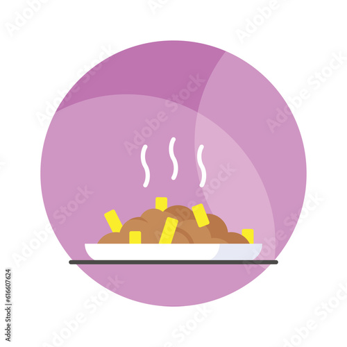 Poutine icon traditional quebec meal with french fries gravy and cheese curds, Vector illustration isolated on white background