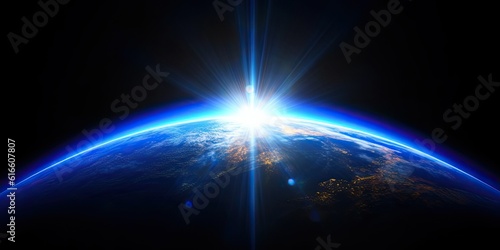 Blue Earth Sunlight in Space. Global Perspective. Generative AI illustrations