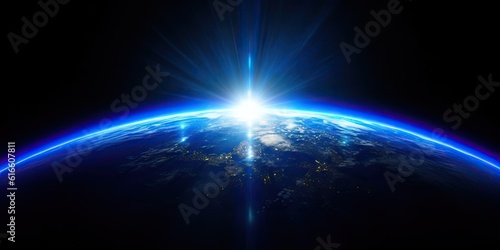 Blue Earth Sunlight in Space. Global Perspective. Generative AI illustrations