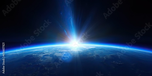 Blue Earth Sunlight in Space. Global Perspective. Generative AI illustrations