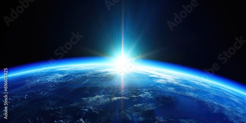 Blue Earth Sunlight in Space. Global Perspective. Generative AI illustrations