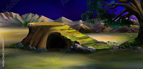 Cave in the rock in the African savannah at night