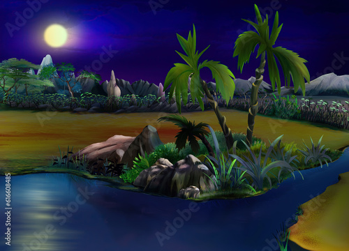 Palm trees near a small river in the African savannah at night