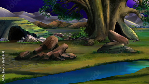 Big rock near a small river in the African savannah at night