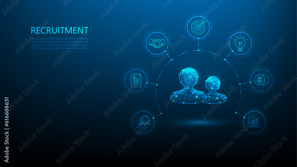 business recruiting employee with icon technology on blue background. Office staff hiring concept. find new member company. vector illustration fantastic hi tech design. business recruiting employee with icon technology on blue background. Office staff hiring concept. find new member company. vector illustration fantastic hi tech design.