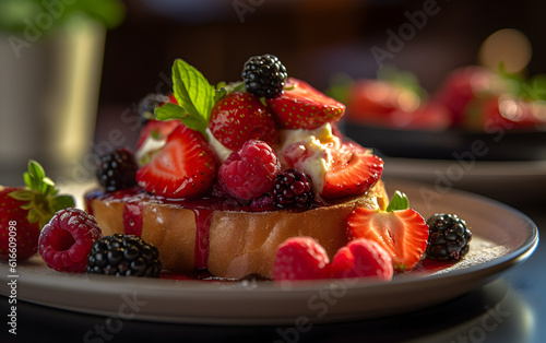 Savor bruschetta adorned with succulent strawberries  raspberries  and blackberries  a vibrant and fruity appetizer
