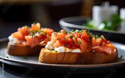 Experience the exquisite taste of bruschetta featuring salmon and smooth cream cheese