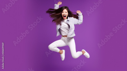 cheerful positive Asian woman jumping on violet background, Generative AI