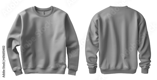 Set of grey gray front and back view tee sweatshirt sweater long sleeve on transparent background cutout, PNG file. Mockup template for artwork graphic design