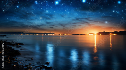 Milky Way and blue sea at night in summer. Colorful landscape with bright starry sky with Milky Way arch, moonlight, constellation, water. Galaxy. Nature and space. Generative AI