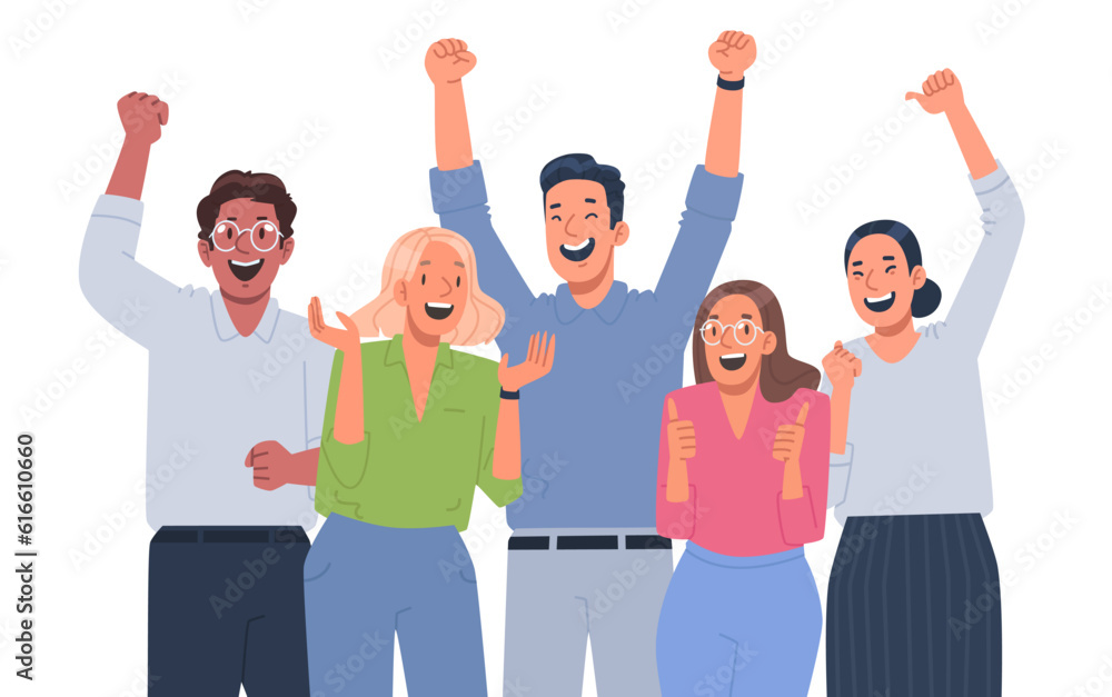 Fototapeta premium Happy business team celebrating victory. Colleagues rejoice in success and achievements. The concept of successful teamwork
