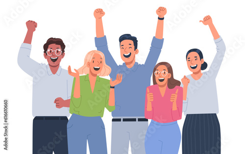Happy business team celebrating victory. Colleagues rejoice in success and achievements. The concept of successful teamwork