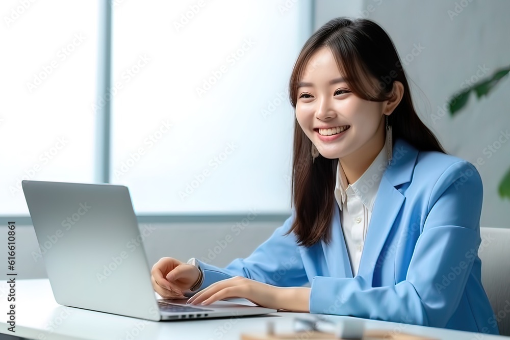 A beautiful Japanese girl with a smile on her face communicates with colleagues online, on a laptop. Generative AI A beautiful Japanese girl with a smile on her face communicates with colleagues online, on a laptop. Generative AI