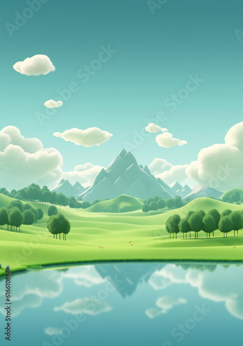 Beautiful view of mountain village, 3d rural landscape background,