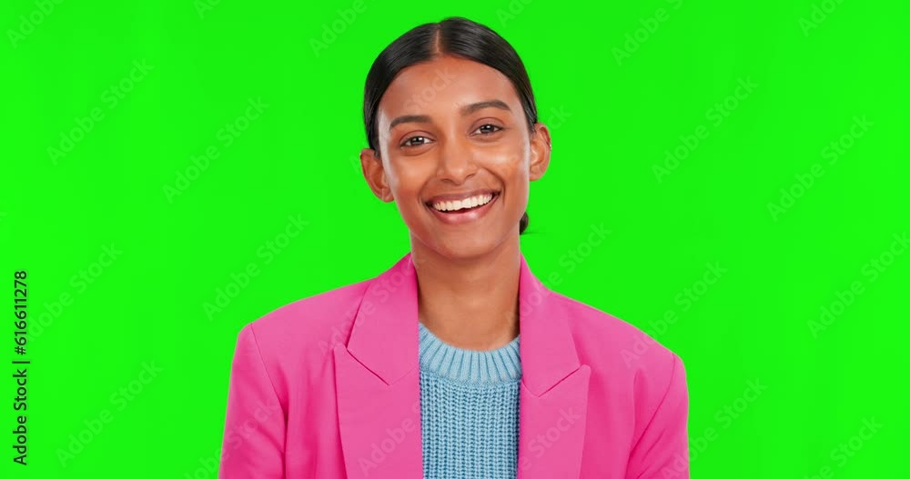 Smile, face and Indian woman in green screen studio laughing, joke or funny expression on mockup background. portrait, happy and female person with humor, reaction and good mood or comedy with space Smile, face and Indian woman in green screen studio laughing, joke or funny expression on mockup background. portrait, happy and female person with humor, reaction and good mood or comedy with space