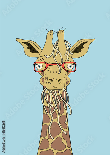 Giraffe with Glasses Eating Spaghetti Illustration