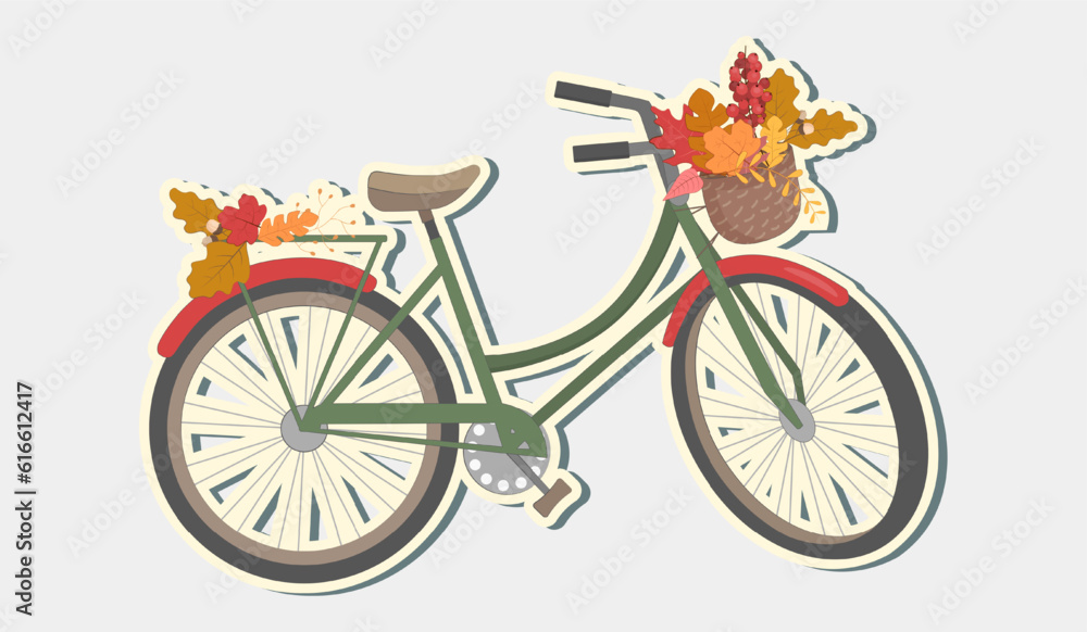 Retro bicycle sticker with autumn leaves in floral basket and leaves on trunk. Sticker color bike.