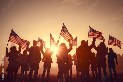 A group, people, waving small American flags


