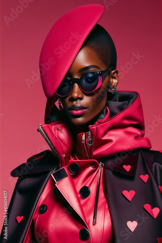 Modern high fashion. Woman, african american woman in a red leather coat and sunglasses posing for a magazine, fashion photography, vorticism. Generative AI, generative, AI photo