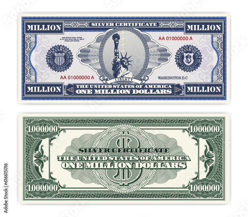 Vector blue banknote obverse and green reverse silver certificate of million US dollars. Oval, liberty and guilloche frame. American paper fictional money.