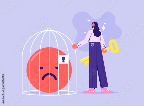 Bad mood and negative emotions closed in cage, woman lock negative emoji in birdcage, positive thinking, good mood helps to live and work, mental health