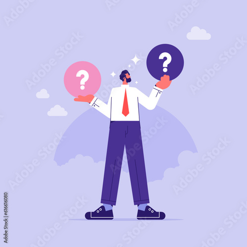 Make choice, decision concept, businessman makes a choice, thinks, analyzing two options, doubting, deciding, setting priorities, flat vector illustration