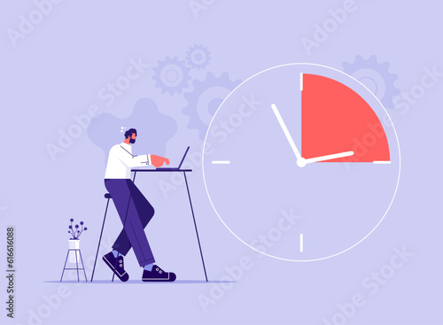 Business deadline overtime crunch stress concept. Business person worker or manager employee trying to get job done in due time, overwork, flat vector illustration