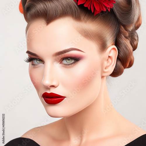 a woman with a retro-inspired victory roll hairstyle  classic beauty. generative ai.