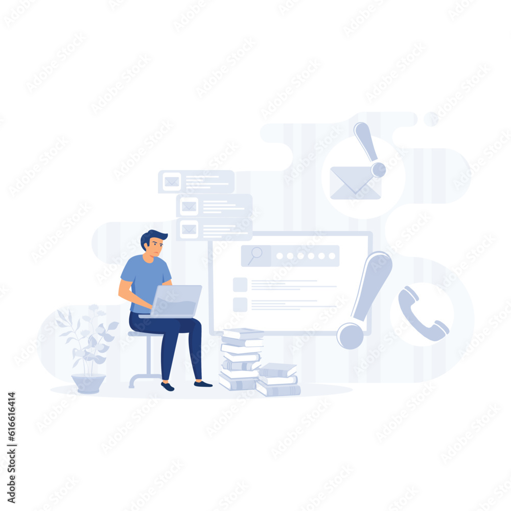 Tired young man working on her laptop, among piles of papers and documents. flat modern vector illustration Tired young man working on her laptop, among piles of papers and documents. flat modern vector illustration