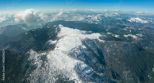 Ceahlu mountain Plateau in winter, Romania. Aerial view