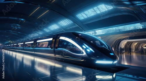 Futuristic high-speed express passenger train. Logistics of the future, modern technologies.