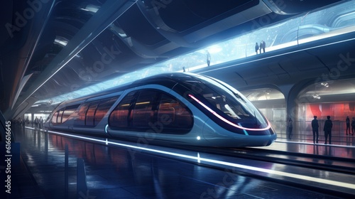 Futuristic high-speed express passenger train. Logistics of the future, modern technologies.