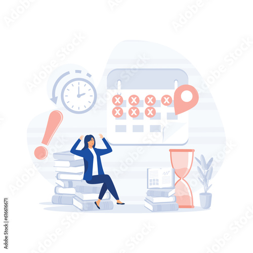 Stressed frustrated director manager hard work, sitting office table pile papers documents, flat modern vector illustration