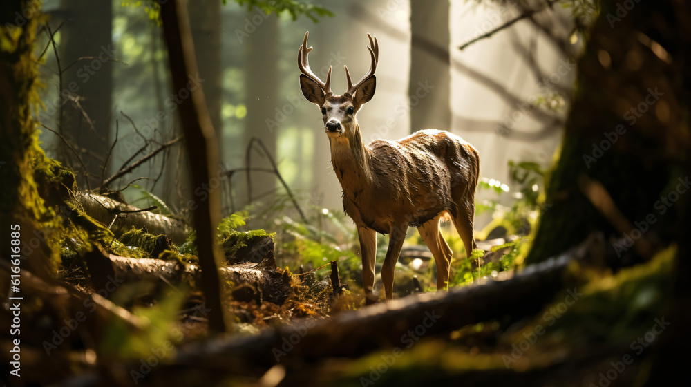 single deer standing in the wood at daylight single deer standing in the wood at daylight