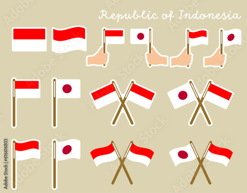 インドネシア国旗のイラストセット（アイコン風、白ふちあり）
