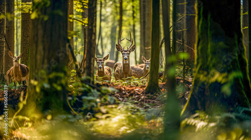 group of deers full body standing in the wood at daylight