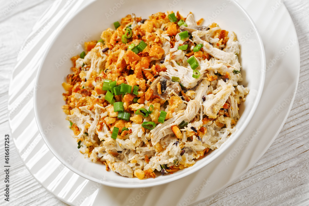 Chicken Rice Casserole in white bowl, top view Chicken Rice Casserole in white bowl, top view