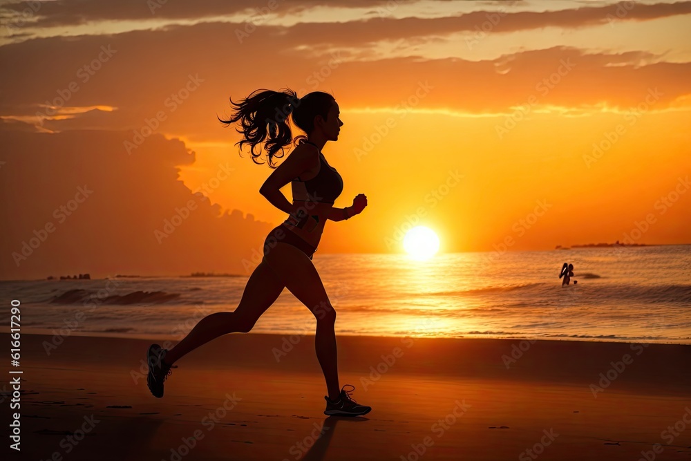 young fitness woman runner running on sunrise beach, ai generative