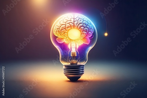 Creative idea management, solution and inspiration concept. The human brain, light bulb, ai generative