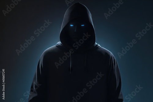 Mysterious man wearing black hoodie using laptop in the dark room. Hacker and cyber security concept, ai generative