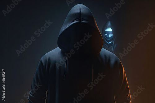 Mysterious man wearing black hoodie using laptop in the dark room. Hacker and cyber security concept, ai generative