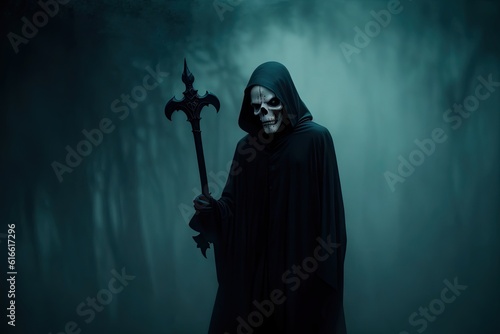Grim reaper reaching towards the camera over dark, misty background with copy space, ai generative