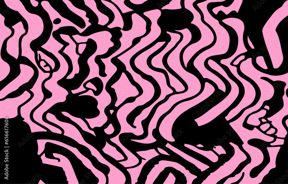 Acid psychedelic black and pink print with abstract melting blobs and lines in retro hippie style.