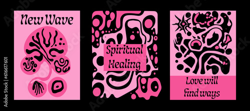 Abstract psychedelic posters for club party event with bold surreal illustrations of melting blobs and shapes.